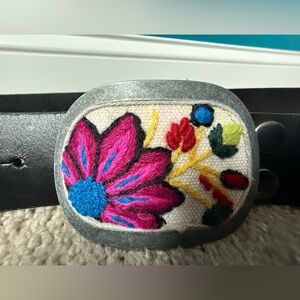 Pistil Black Belt with Colorful Floral Buckle